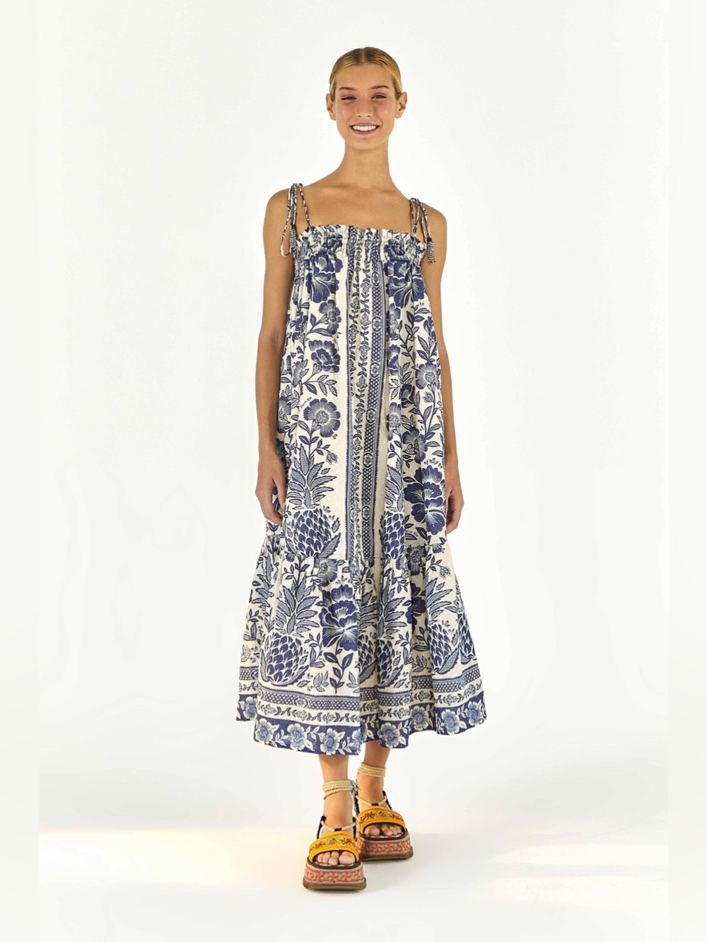 Farm Rio Blue Pineapple Garden Shoulder-Tie Midi Dress Size L - Picture 3 of 10